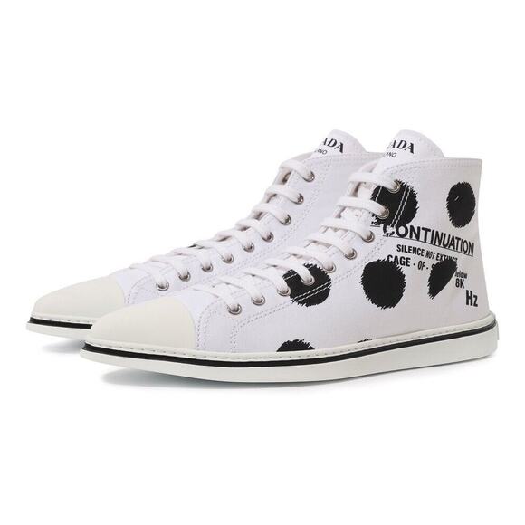 PRADA 1T618M WHITE BLACK POLKA CANVAS LOGO POINTY CAP HIGH TOP SNEAKERS 38 ITALY - Picture 1 of 15
